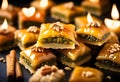 Delicious baklava dessert in oriental setting on black background