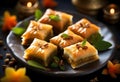 Delicious baklava dessert in oriental setting on black background