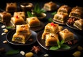 Delicious baklava dessert in oriental setting on black background