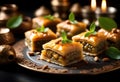 Delicious baklava dessert in oriental setting on black background