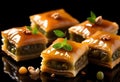 Delicious baklava dessert in oriental setting on black background