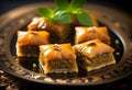 Delicious baklava dessert in oriental setting on black background