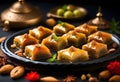 Delicious baklava dessert in oriental setting on black background