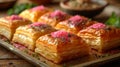 Delicious baklava with pistachios and pink poppy seeds