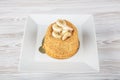 Delicious banana cake. Banana cake with a cream cheese and passionfruit icing. Cakes with peanut butter and sliced banana