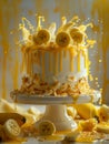 Delicious Banana Layer Cake with Cream Frosting and Dripping Yellow Glaze on Cake Stand with Fresh Banana Slices Royalty Free Stock Photo
