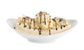 Delicious banana split ice cream with toppings on white Royalty Free Stock Photo
