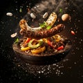 delicious bandeja paisa floating in the air, professional food photography, studio background, advertising photography, cooking