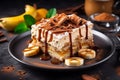 Delicious banoffee pie english dessert with bananas and toffee for restaurant menu