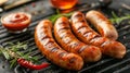 Delicious barbecue dinner with grilled sausages on table, golden and tempting, realistic style Royalty Free Stock Photo