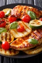 Delicious barbecue: Grilled chicken breast with pineapple, zucchini and tomatoes. vertical