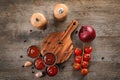 Delicious barbecue sauces in bowls with ingredients on table, top view