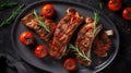 Delicious barbecued ribs seasoned with a spicy basting sauce and served with baked tomatoes. Gray background. AI Generative