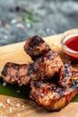 Delicious barbecued ribs seasoned with a spicy. Healthy fats, clean eating for weight loss. vertical image. top view. place for Royalty Free Stock Photo