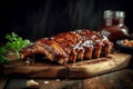 Delicious barbeque pork ribs glazed with sticky spicy sauce on wood cutting board. Traditional American cuisine dish