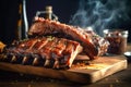 Delicious barbeque pork ribs glazed with sticky spicy sauce on wood cutting board. Traditional American cuisine dish