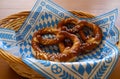 Delicious Bavarian Brezeln or pretzels with a brown salty crust on a traditional Bavarian cocktail napkin in a basket