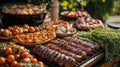 Delicious BBQ and Grilled Foods on a Rustic Table Surrounded by Fresh Vegetables and Herbs Royalty Free Stock Photo