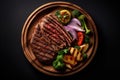 A delicious BBQ-grilled top sirloin beef steak, served on a wooden plate and cooked to a medium-rare perfection Royalty Free Stock Photo