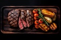 A delicious BBQ-grilled top sirloin beef steak, served on a wooden plate and cooked to a medium-rare perfection Royalty Free Stock Photo