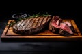 A delicious BBQ-grilled top sirloin beef steak, served on a wooden plate and cooked to a medium-rare perfection Royalty Free Stock Photo