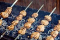 delicious bbq kebab grilling on open grill, outdoor kitchen. food festival in city. tasty food roasting on skewers, food