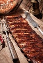 Delicious BBQ ribs with coleslaw on wooden table Royalty Free Stock Photo