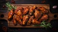 Delicious Bbq Spicy Sauce Chicken Wings On Wooden Board