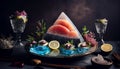 Delicious and beautiful Fresh Tuna Slice as Sashimi or steak. decorated in crystal ice. AI Generated