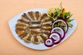 Delicious and beautiful fried hamsi fish and salads Royalty Free Stock Photo