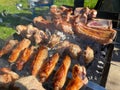 Delicious beautiful fried kebab of pork meat, chicken wings and pork ribs on the smoke cooked on the grill with skewers with coals Royalty Free Stock Photo