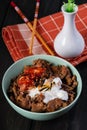 Beef bulgogi with kimchi and egg on rice Royalty Free Stock Photo