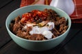 Beef bulgogi with kimchi and egg on rice Royalty Free Stock Photo