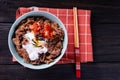 Beef bulgogi with kimchi and egg on rice Royalty Free Stock Photo
