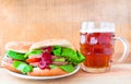 Delicious beef hamburger mug beer Royalty Free Stock Photo