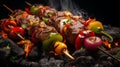Delicious beef kebab with vegetables on fire on coals, top view