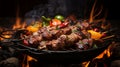 Delicious beef kebab with vegetables on fire on coals, top view