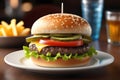 Savory Burger with Lettuce, Tomato, Pickles on a Sesame Seed Bun, Fries and Beer Royalty Free Stock Photo
