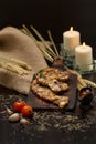 Delicious beef or pock steaks on wooden table. Grilled bbq steak