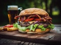 Delicious beef or pork patty burger goes well with an icy cold beverage