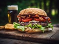 Delicious beef or pork patty burger goes well with an icy cold beverage