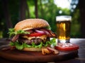 Delicious beef or pork patty burger goes well with an icy cold beverage