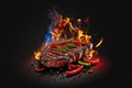 delicious steak being cooked on a grill with flames rising