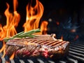 delicious beef steak with flames on black background