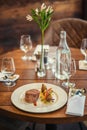 Delicious beef steak with sauce and vegetable, served on white plate, modern gastronomy, michelin restaurant Royalty Free Stock Photo