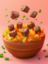 Delicious Beef Tips Over Golden Rice in Earthenware Bowl with Green Onion Garnish on Pink Background