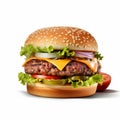 Delicious Beefy Burger With Tomato And Lettuce On A White Background