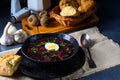 A Delicious beetroot borscht with egg Royalty Free Stock Photo