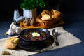 A Delicious beetroot borscht with egg Royalty Free Stock Photo