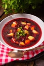 A Delicious beetroot borscht with egg Royalty Free Stock Photo